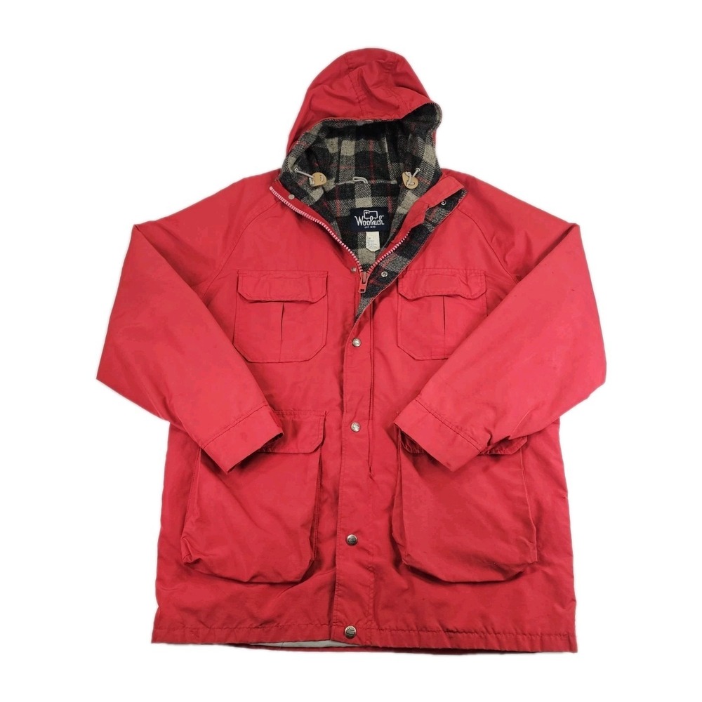 Vintage Woolrich L Red Hooded Mountain Parka Buffalo‎ Plaid Wool Blanket Lining